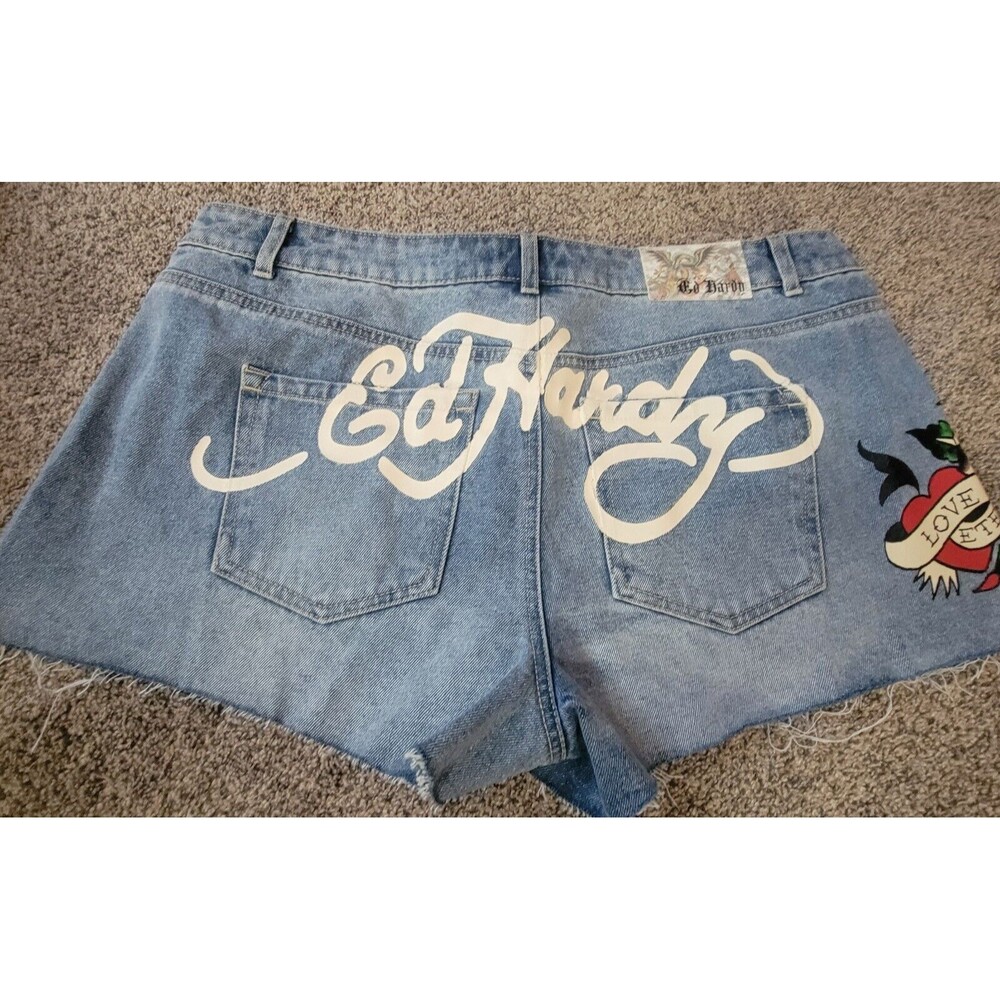 Ed Hardy Denim Shorts 32  Love Eternal Y2k Print Distressed Graphic Jean